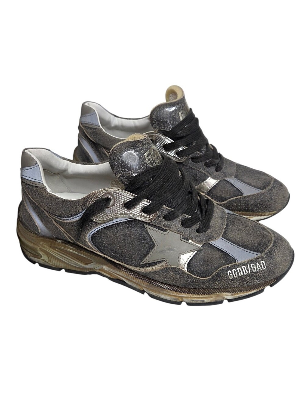 GOLDEN GOOSE DAD-STAR Metallic Gray Sneaker with Black Laces